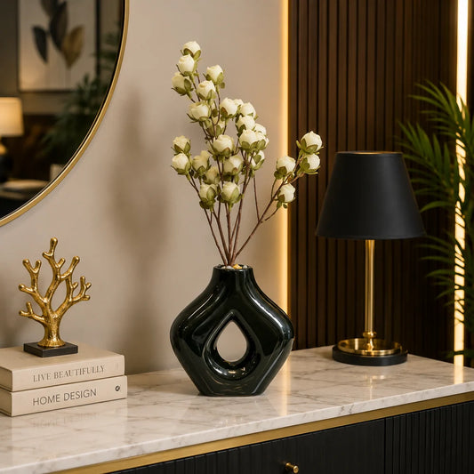 Luxury Artificial White Rose Bud Arrangement with Modern Black Ceramic Vase | ch 0064
