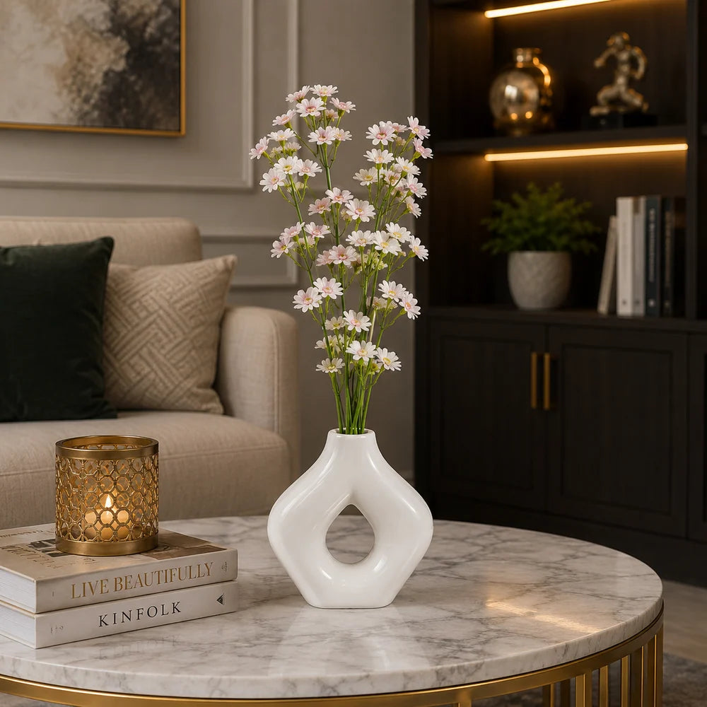 Luxury Artificial White Daisy Flower Arrangement with Modern White Ceramic Vase