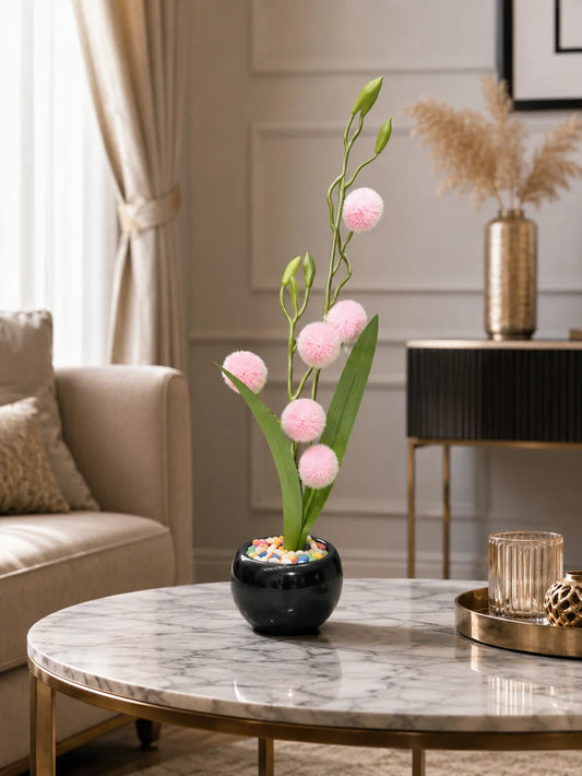 Luxury Artificial Pink Pom Pom Flower Arrangement in Black Ceramic Pot | ch 0026