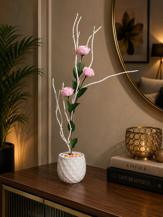 Luxury Artificial Pink Rose with White Decorative Branch Arrangement in White Ceramic Pot | ch 0040