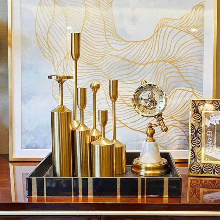 6-Piece Gold Candle Holder & Table Clock Decorative Set