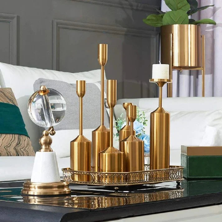 6-Piece Gold Candle Holder & Table Clock Decorative Set